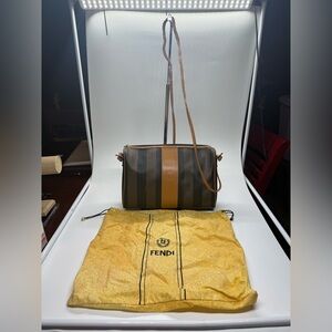 Authentic Vintage Fendi Pequin Stripe Crossbody Bag Brown Leather Italy READ